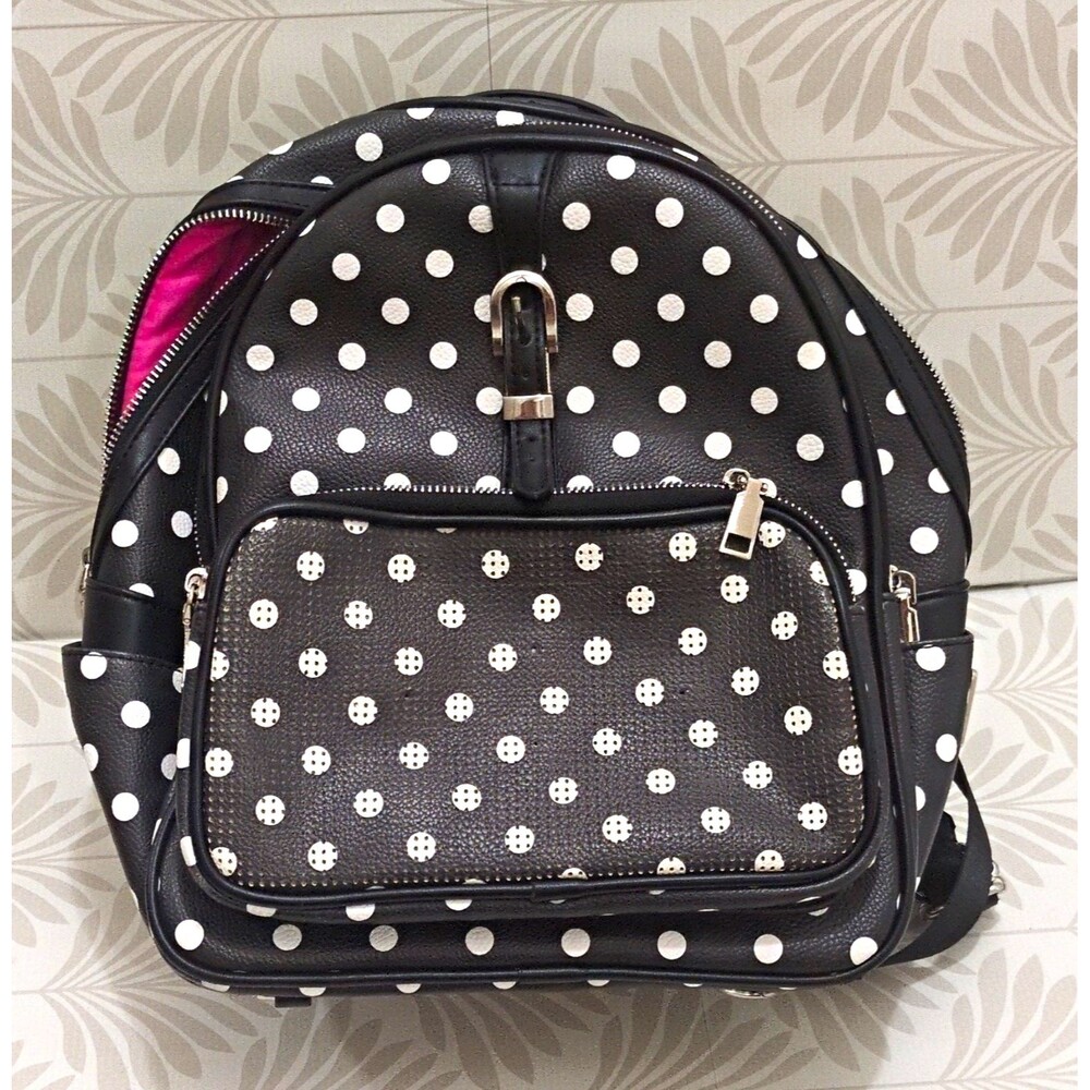 Park Company Polka Dot Backpack Black & White, Pink Lining, Zip, Pockets